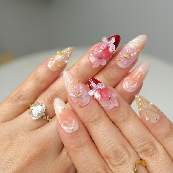 tipsy | Handmade Press On Nails | Almond Medium| Floral 3D Nail | Rosè All Day - Picture 8 of 14